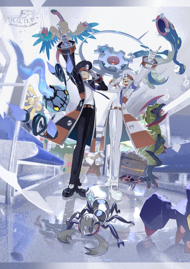 2boys adjusting_clothes adjusting_headwear archeops armband arms_up belt black_coat black_footwear black_hat black_pants blue_armband blue_necktie brothers chandelure coat collared_shirt crustle durant e_volution eelektross emmet_(pokemon) excadrill frown full_body galvantula garbodor gen_5_pokemon gloves grey_eyes grey_hair hat haxorus ingo_(pokemon) klinklang long_sideburns male_focus multiple_boys necktie nintendo open_clothes open_coat outstretched_arm pants pointing pokemon pokemon_(creature) pokemon_bw red_belt shirt shirt_tucked_in short_hair siblings sideburns signature smile standing train_interior twins white_coat white_footwear white_gloves white_hat white_pants white_shirt