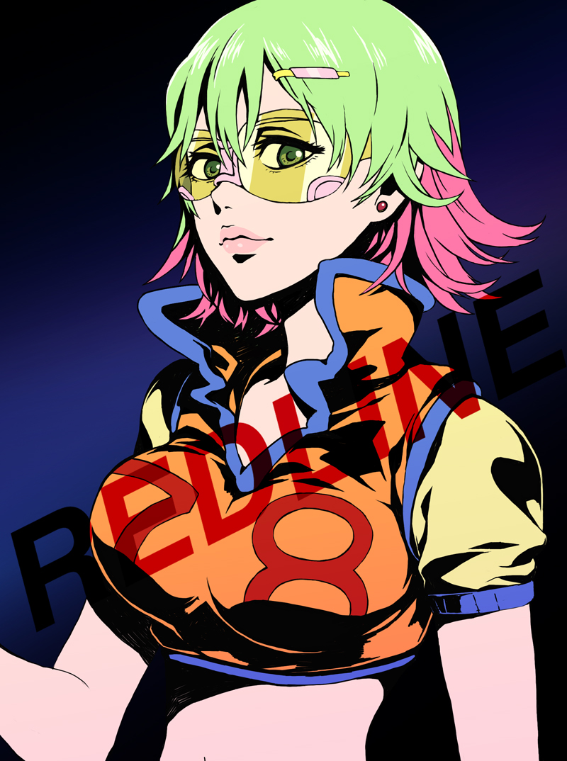 1girl bad_id bad_pixiv_id breasts earrings female_focus glasses goggles green-tinted_eyewear green_hair hair_ornament hairclip ikadako jewelry large_breasts lips midriff multicolored_hair pink_hair redline solo sonoshee_mclaren sunglasses tinted_eyewear visor