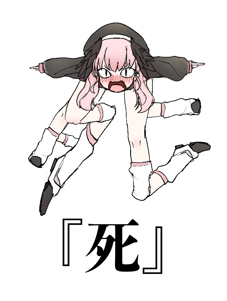 &lt;|&gt;_&lt;|&gt; 1girl anatomical_nonsense black_footwear black_hat blue_archive blush commentary_request hat head_wings kanji_focus kanji_joke koharu_(blue_archive) long_hair long_sleeves looking_at_viewer outstretched_arms pink_hair shitsugaikotsu simple_background sleeves_past_wrists socks solo spread_arms translation_request what white_background white_socks wings