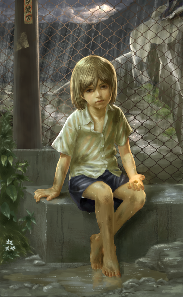 1girl aged_down bad_id bad_pixiv_id barefoot blonde_hair brown_eyes chain-link_fence coin dirty dirty_feet feet female_focus fence fine_art_parody flat_chest higurashi_no_naku_koro_ni matsuribayashi-hen parody rain realistic see-through_clothes short_hair sitting skyape solo style_parody takano_miyo tanashi_miyoko the_little_beggar toes wet wet_clothes william-adolphe_bouguereau