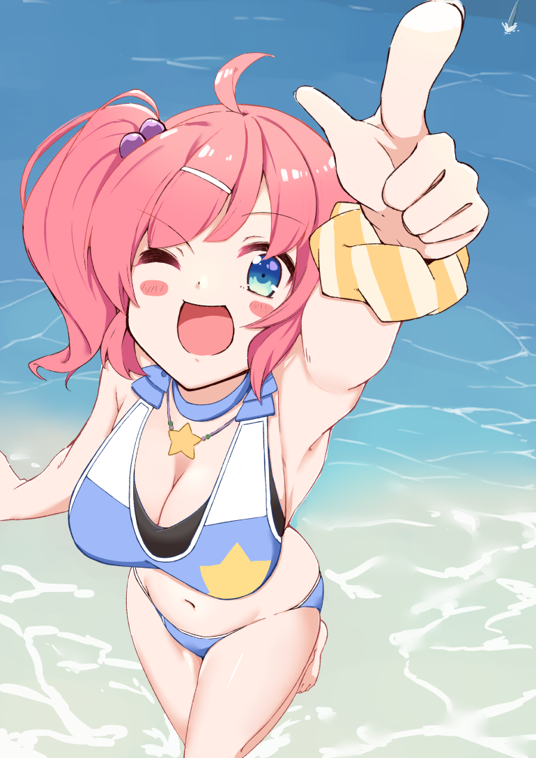 1girl ;d ahoge azur_lane bikini blue_bikini blue_eyes breasts cleavage collarbone commentary_request cowboy_shot hair_bobbles hair_ornament hairclip large_breasts long_hair looking_at_viewer navel one_eye_closed open_mouth red_hair san_diego_(azur_lane) side_ponytail smile solo standing star_(symbol) swimsuit yakitori_daisuki