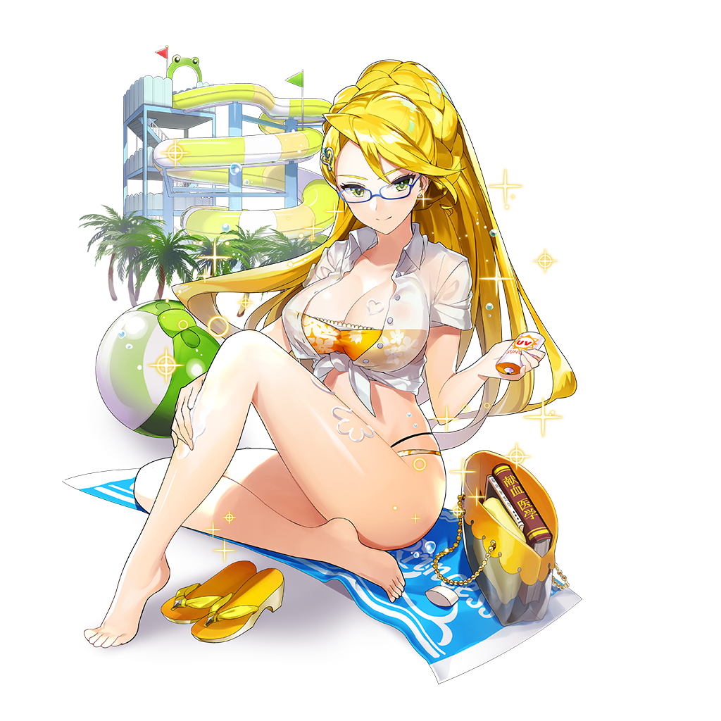 1girl bag ball beachball bikini blonde_hair braid breasts glasses large_breasts long_hair masyu_yuyu palm_tree sandals see-through_clothes see-through_shirt shirt single_braid sitting swimsuit torte_zief tree uchi_no_hime-sama_ga_ichiban_kawaii unworn_sandals water_slide yellow_bikini yellow_eyes yellow_sandals