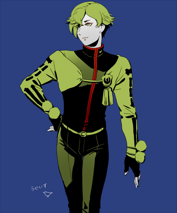 10s 1boy blue_background flat_color green_eyes green_hair hair_over_one_eye hand_on_own_hip male_focus mizuhara_aki simple_background solo touken_ranbu uguisumaru