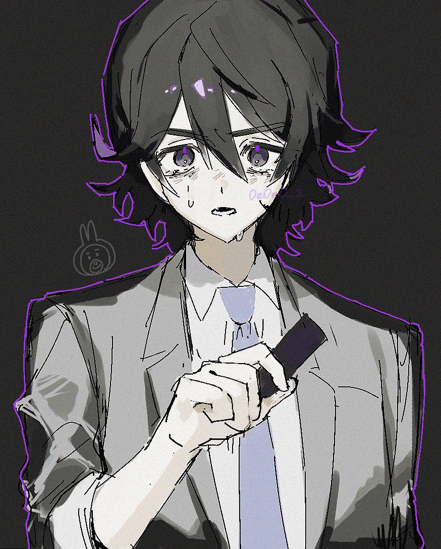 0e0n0_2 1boy black_background black_hair gaia_memory grey_eyes hair_between_eyes hidari_shoutarou holding jacket kamen_rider kamen_rider_w looking_at_viewer male_focus necktie open_mouth shirt short_hair solo suit_jacket sweat vest