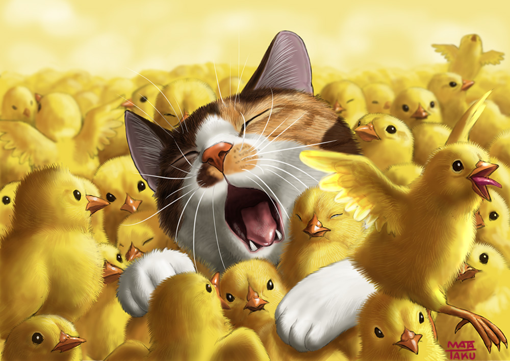 animal animal_focus artist_name beak bird black_eyes blurry cat chick closed_eyes commentary_request depth_of_field fangs matataku no_humans open_mouth original simple_background talons teeth tongue too_many too_many_birds too_many_chicks whiskers yellow_background