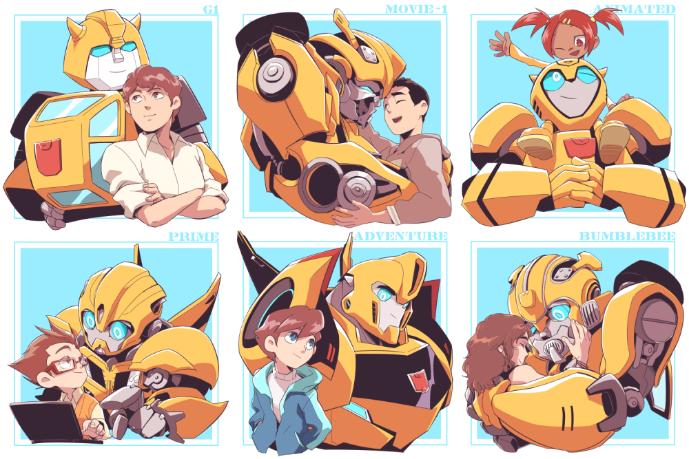 2girls 4boys autobot bad_id bad_pixiv_id blue_eyes brown_eyes brown_hair bumblebee bumblebee_(film) bumblebee_(transformers) character_request charlie_watson computer crossed_arms hood hoodie hug insignia laptop looking_at_another looking_down looking_up mecha mijinkotail029 multiple_boys multiple_girls multiple_persona one_eye_closed pointing red_eyes red_hair robot sam_witwicky sari_sumdac sitting_on_shoulder spike_witwicky transformers transformers:_robots_in_disguise_(2015) transformers_(2007_film) transformers_(live_action) transformers_animated transformers_prime twintails