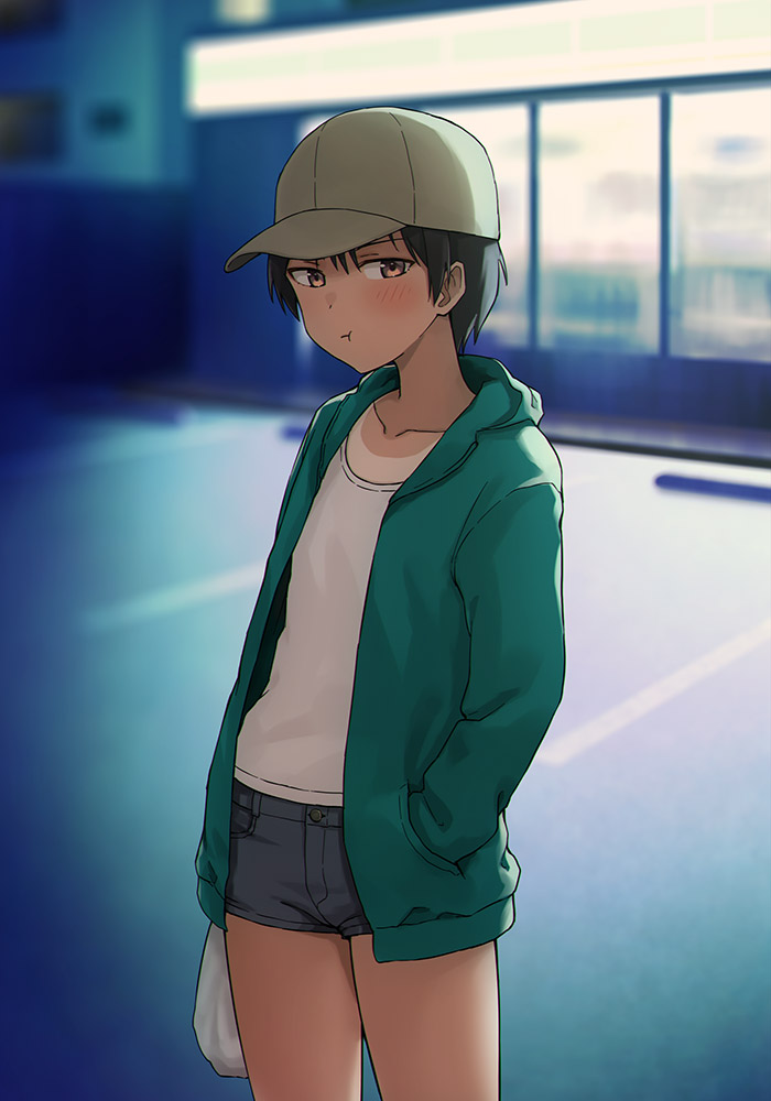 1girl :t baseball_cap breasts closed_mouth commentary_request convenience_store green_jacket hand_in_pocket hashi hat jacket looking_at_viewer medium_breasts open_clothes open_jacket original outdoors shop short_hair short_shorts shorts solo tan tanline tomboy