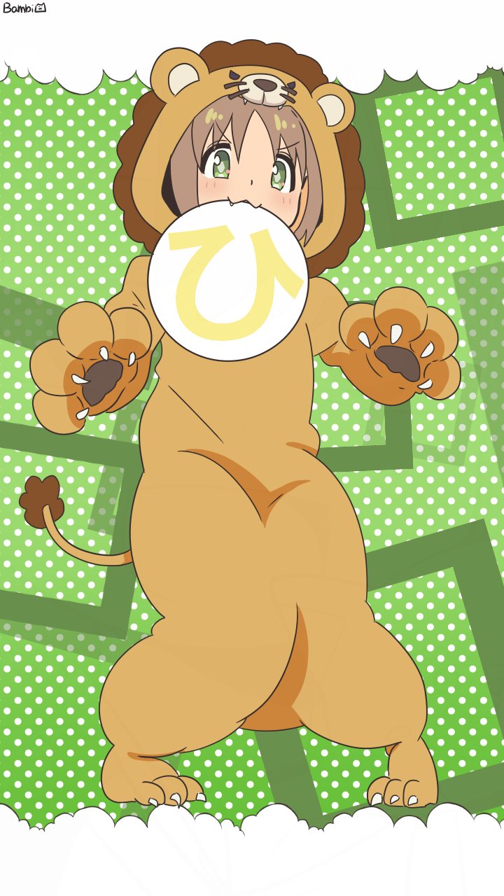 1girl :3 animal_costume animal_hands artist_name bambi2000line brown_hair claws commentary diamond-shaped_pupils diamond_(shape) fang full_body gloves green_background green_eyes highres hood hood_up knees_together_feet_apart lion_costume lion_hood looking_at_viewer mouth_hold oka_asahi onesie onii-chan_wa_oshimai! paw_gloves polka_dot polka_dot_background simple_background solo standing symbol-shaped_pupils translation_request v-shaped_eyebrows