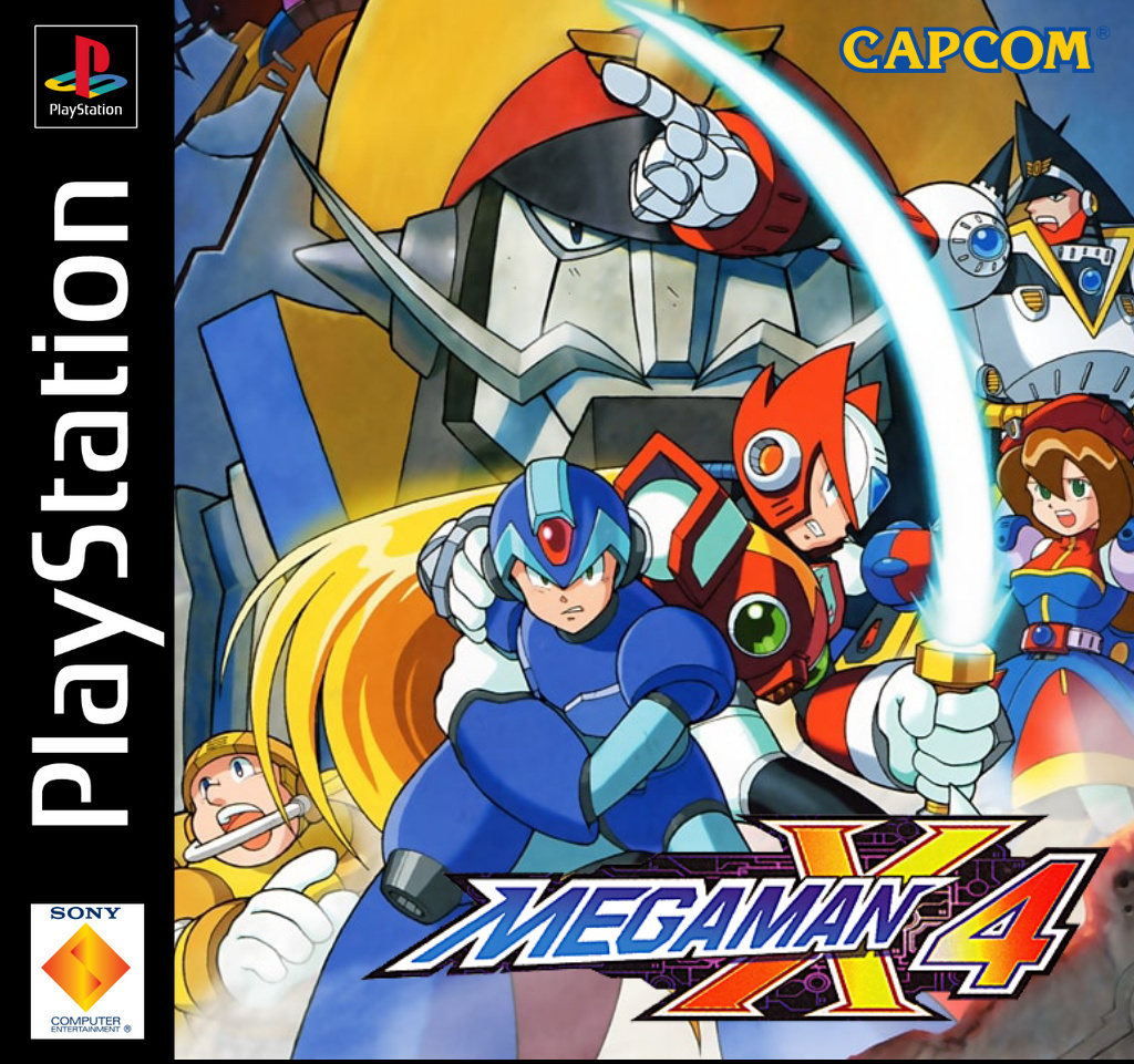 1990s_(style) armor blonde_hair blue_armor brown_hair colonel_(mega_man) double_(mega_man) game game_console general_(mega_man) green_eyes iris_(mega_man) laser_sword mega_man_x4 mega_man_x_(series) playstation_1 red_armor reploid retro_artstyle rockman_(game) shoulder_armor x_(mega_man) yellow_armor zero_(mega_man)