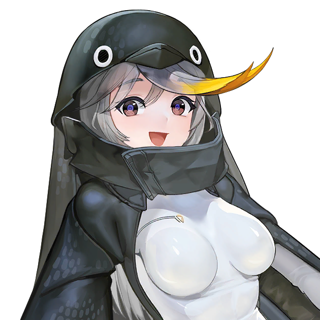 1girl animal_costume animal_hood blonde_hair bodysuit breasts empress_(last_origin) eyebrows_hidden_by_hair female_focus game_cg green_hair hair_tuft hood hood_up last_origin long_hair looking_at_viewer medium_breasts multicolored_hair official_art open_mouth penguin_costume penguin_hood purple_eyes rorobomb shiny_bodysuit shiny_clothes smile tight_clothes transparent_background upper_body
