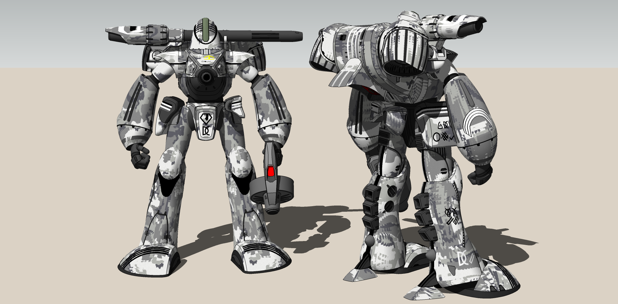3d alien armor camouflage cannon choujikuu_yousai_macross desert digital_camouflage emblem energy_gun flemenmik highres macross mecha no_humans nousjadeul-ger power_armor ray_gun realistic redesign robot science_fiction translation_request tyo0911 weapon zentradi