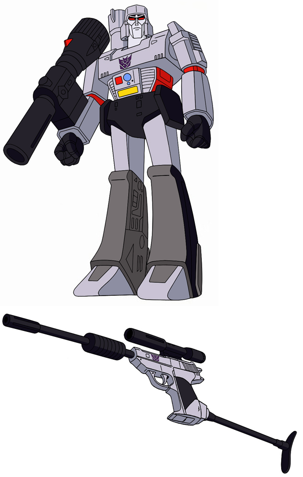 1980s_(style) 1984_(year) 1boy arm_cannon clenched_hands decepticon energy_cannon full_body gun handgun henshin insignia laser_cannon looking_at_viewer megatron model_sheet multiple_views no_humans oldschool original pistol red_eyes retro_artstyle robot scope standing supervillain suppressor transformer transformers transformers:_generation_1 weapon white_background