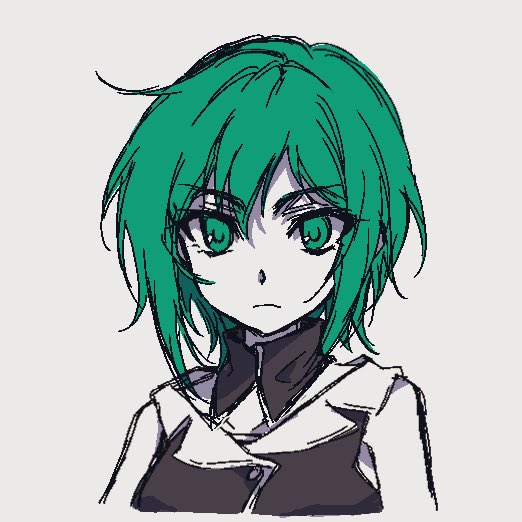 1girl bare_shoulders collar collared_jacket colored_skin detached_collar evillious_nendaiki green_eyes green_hair grey_collar gumi jacket looking_at_viewer medium_hair nemesis_no_juukou_(vocaloid) nemesis_sudou pale_skin portrait rice_rice_2525 saigo_no_revolver_(vocaloid) serious sketch sleeveless sleeveless_jacket tsurime upper_body vocaloid wavy_hair white_collar white_skin