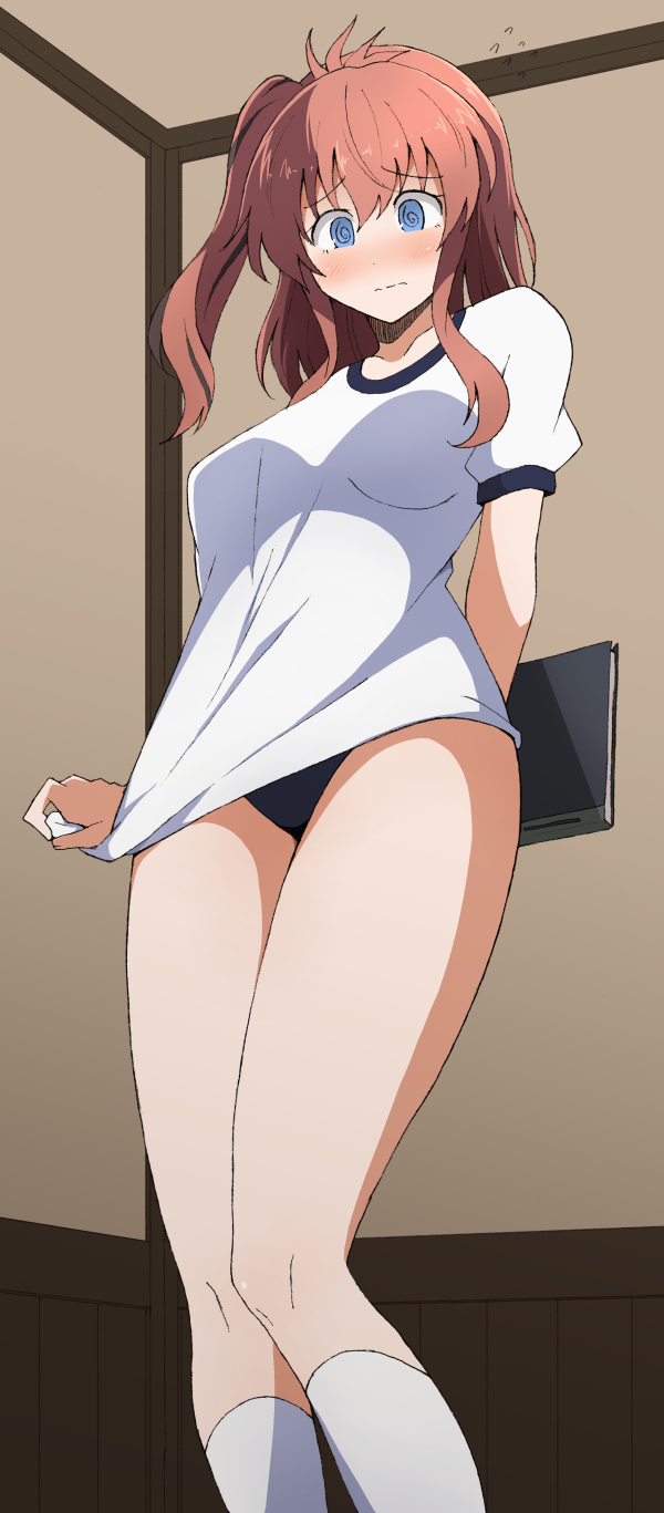 1girl @_@ alternate_costume arm_behind_back bad_id bad_pixiv_id blue_buruma blue_eyes blush book breasts brown_hair buruma closed_mouth flying_sweatdrops gym_uniform hair_between_eyes high_side_ponytail highres holding holding_book indoors kantai_collection kneehighs large_breasts long_hair nel-c ponytail saratoga_(kancolle) shirt side_ponytail socks solo white_shirt white_socks