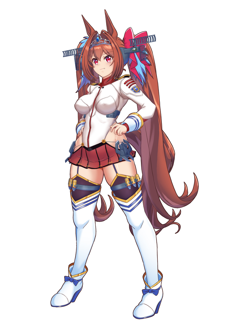 1girl animal_ears breasts brown_hair closed_mouth collar cosplay daiwa_scarlet_(umamusume) full_body garter_straps hair_intakes hair_tie hand_on_own_hip headgear hip_vent horse_ears horse_girl horse_tail jacket kantai_collection large_breasts long_hair moke_ro pleated_skirt purple_eyes red_skirt simple_background skirt solo standing tail thighhighs tiara trait_connection twintails uchuu_senkan_yamato uchuu_senkan_yamato_2199 umamusume very_long_hair white_background white_jacket white_thighhighs yamato_(kancolle) yamato_(kancolle)_(cosplay)