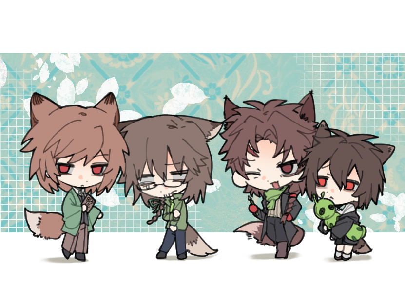 4boys 55_(chaodakafei) :&lt; animal_ears black_pants black_shirt black_shoes black_shorts black_vest blank_eyes boots braid brown_boots brown_hair brown_pants chibi chibi_only chinese_commentary closed_mouth collared_shirt commentary_request curtained_hair facial_hair fang father_and_son fox_boy fox_ears fox_tail frown grandfather_and_grandson green_jacket green_ribbon green_shirt grey_sweater hair_between_eyes hair_ribbon hands_on_own_hips harada_kazaru harada_minoru harada_mutei holding holding_pen holding_stuffed_toy hood hood_down hooded_jacket isoi_haruki jacket kemonomimi_mode long_hair long_sleeves male_focus multiple_boys off_shoulder one_eye_closed open_clothes open_jacket open_mouth pants parted_bangs pen red_eyes ribbed_sweater ribbon saibou_shinkyoku scar scar_on_face scar_on_forehead shirt shoes short_hair shorts side_braid single_braid skin_fang smile socks stubble stuffed_animal stuffed_toy sweater tail teardrop time_paradox vest white_shirt white_socks