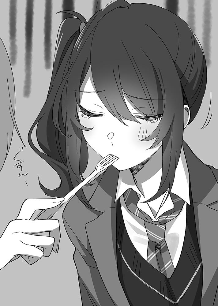 1girl 1other blush character_request closed_eyes collared_shirt commentary_request diagonal-striped_clothes diagonal-striped_necktie facing_viewer feeding fork greyscale hair_between_eyes holding holding_fork jacket lapels medium_hair monochrome necktie notched_lapels novel_illustration official_art open_clothes open_jacket school_uniform second-party_source shirt side_ponytail sidelocks striped_clothes sweater_vest tears tomari_(veryberry00) tomodachi_no_imouto_ga_ore_ni_dake_uzai wing_collar
