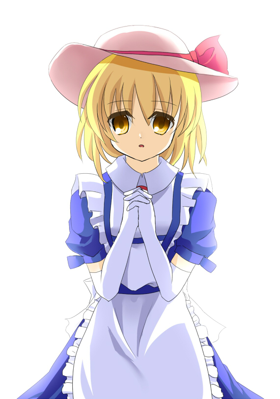 1girl apron bad_id bad_pixiv_id blonde_hair bow dress elbow_gloves female_focus gloves hat kana_anaberal mai_yukari nnaann phantasmagoria_of_dim.dream poltergeist solo touhou touhou_(pc-98) white_gloves yellow_eyes