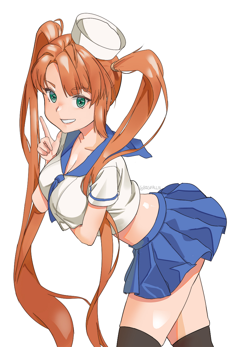 1girl bigfall black_thighhighs blue_skirt breasts green_eyes grin hat large_breasts last_origin long_hair looking_at_viewer midriff nereid_(last_origin) orange_hair pleated_skirt sailor_collar sailor_hat simple_background skirt smile solo thighhighs twintails twitter_username very_long_hair white_background