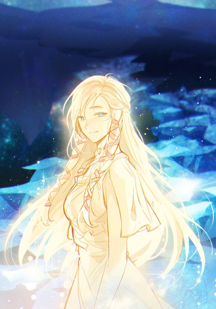 1girl arm_at_side blonde_hair blue_eyes commentary cowboy_shot crystal dress final_fantasy final_fantasy_xiv floating_hair from_side glowing hair_ribbon half_updo hyur light_particles long_hair looking_at_viewer minfilia_warde ribbon shrimp_sandwich smile solo standing symbol-only_commentary yellow_dress