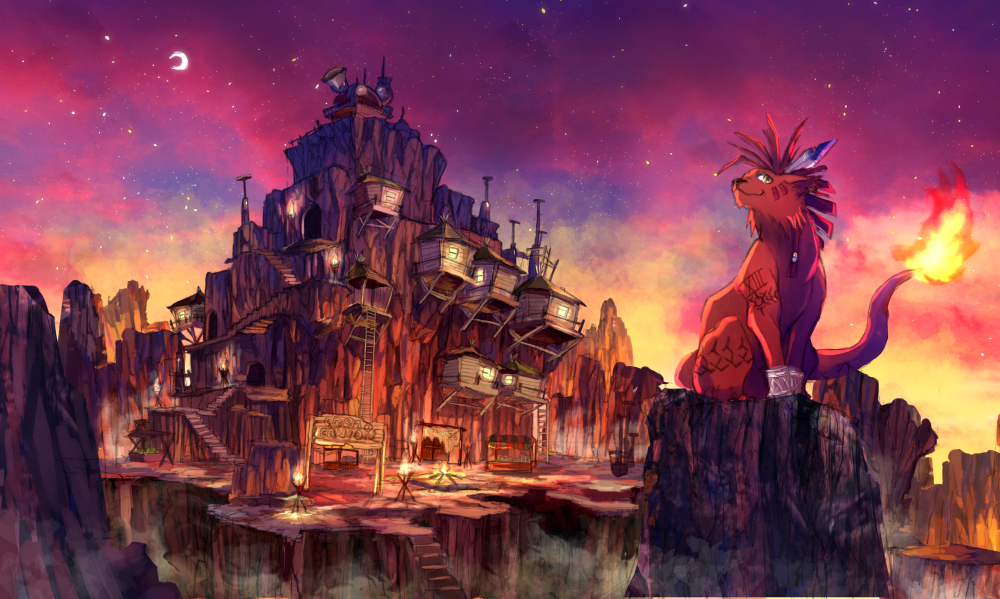 1990s_(style) bracelet canyon cliff cosmo_canyon evening facial_mark feather_hair_ornament feathers final_fantasy final_fantasy_vii fire hair_ornament house jewelry moon pippi_(pixiv_1922055) red_xiii retro_artstyle star_(sky) tattoo torch town