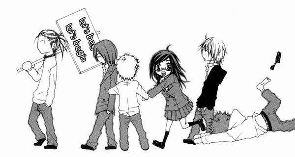 1girl 5boys comic everyone five five_(manga) greyscale hard-translated jpeg_artifacts monochrome multiple_boys third-party_edit tripping