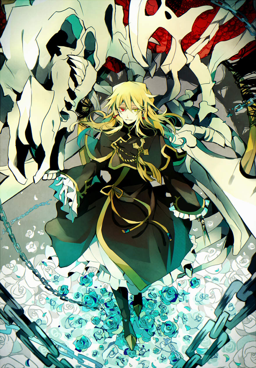 00s 1boy blonde_hair capelet chain_(pandora_hearts) chain earrings flower formal_clothes frills gloves heterochromia highres jewelry long_hair male_focus pandora_hearts red_eyes rose sagatsu_(miicat) satsuki_(miicat) scissors skull smile solo vincent_nightray yellow_eyes
