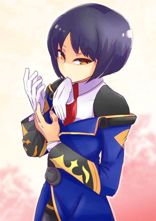 1boy 1girl arc_system_works blazblue brown_eyes formal_clothes gloves hibiki_(blazblue) image_sample iroha-aza male_focus md5_mismatch military military_uniform mouth_hold necktie pixiv_sample short_hair younomine
