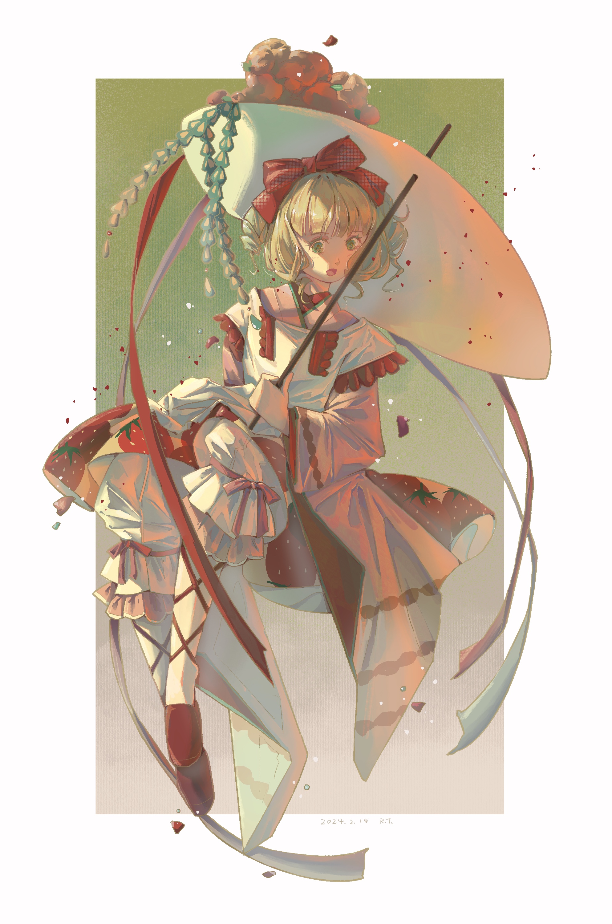 1girl absurdres blonde_hair blue_eyes dress full_body gensou_getsumen_rt highres hinaichigo holding holding_umbrella long_hair medium_hair parasol rozen_maiden shadow solo sunlight taishou umbrella white_dress
