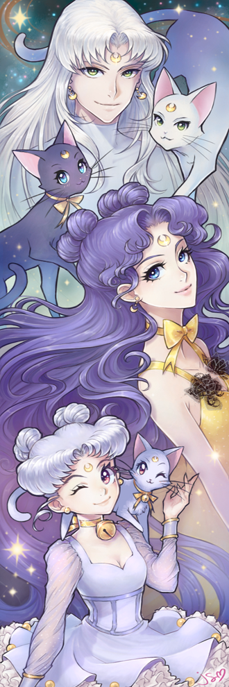 1boy 2girls artemis_(sailor_moon) artemis_(sailor_moon)_(human) bell bishoujo_senshi_sailor_moon bishoujo_senshi_sailor_moon_stars bishoujo_senshi_sailor_moon_supers bow bowtie cat channelsquare choker crescent crescent_earrings crescent_facial_mark diana_(sailor_moon) diana_(sailor_moon)_(human) double_bun dress earrings facial_mark family forehead_mark hair_bun jewelry jingle_bell long_hair luna_(sailor_moon) luna_(sailor_moon)_(human) multiple_girls one_eye_closed petticoat purple_hair ribbon ribbon_choker signature silver_hair wavy_hair yellow_bow yellow_ribbon