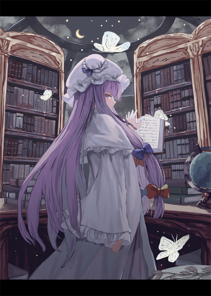 1girl book bookshelf bug butterfly crescent_moon dome globe hair_ribbon hat insect letterboxed library long_hair looking_back mob_cap moon night night_sky ookashippo patchouli_knowledge purple_eyes purple_hair ribbon sky solo touhou