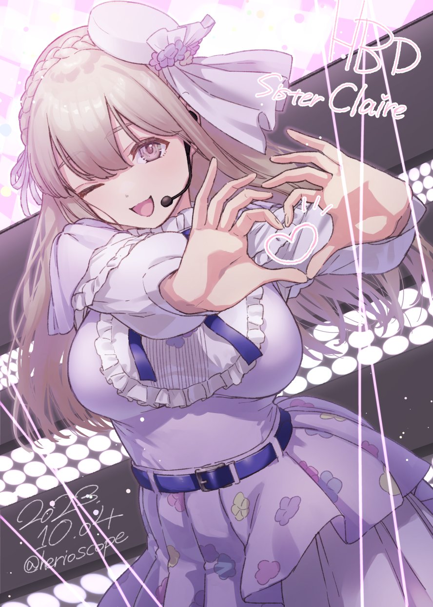 1girl ;d belt blonde_hair braid breasts character_name dress french_braid happy_birthday headset heart heart_hands herio highres large_breasts long_hair long_sleeves nijisanji official_alternate_costume one_eye_closed open_mouth purple_belt purple_dress sister_claire sister_claire_(10th_costume) smile solo virtual_youtuber