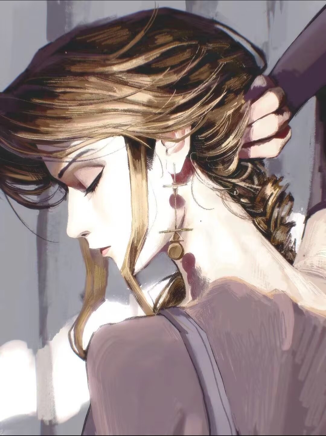 1girl alice_deross beijingban18388 blonde_hair braid chinese_commentary closed_eyes closed_mouth commentary_request earrings eyelashes from_side grey_background hand_in_own_hair highres identity_v jewelry long_hair portrait sidelocks solo spaghetti_strap