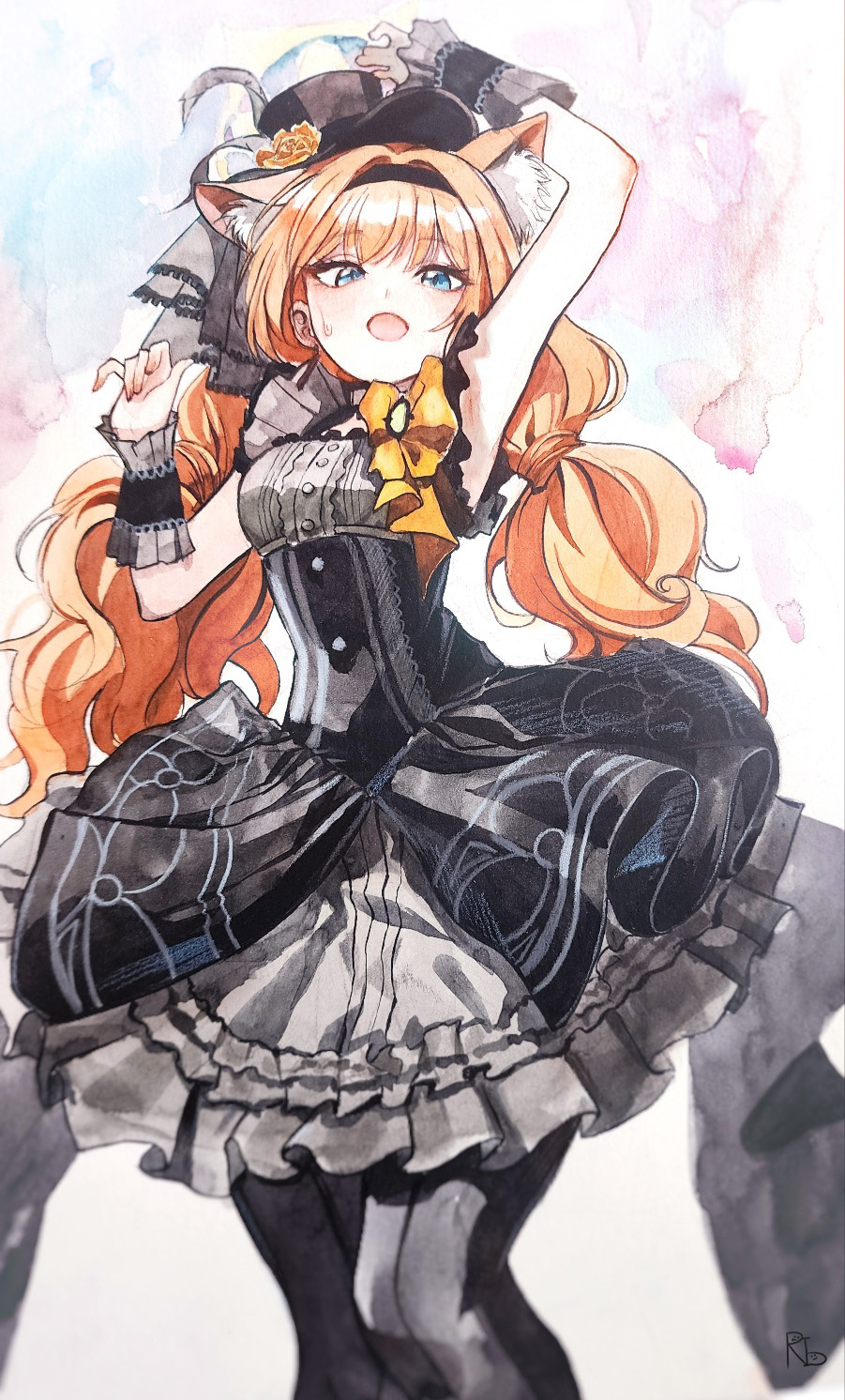 1girl :o animal_ear_fluff animal_ears arm_up armpits black_dress black_hairband black_hat black_pantyhose blue_archive blue_eyes blush bow cat_ears cat_girl center_frills commentary dress dress_bow extra_ears eyelashes feet_out_of_frame flower fluffy_hair frilled_dress frills gangbyeon grey_dress hair_between_eyes hair_intakes hairband hand_up hat hat_feather hat_flower highres idol idol_clothes korean_commentary long_hair looking_at_viewer low_twintails mari_(blue_archive) mari_(idol)_(blue_archive) official_alternate_costume official_alternate_hairstyle open_mouth orange_hair painting_(medium) pantyhose rose signature simple_background sleeveless sleeveless_dress solo standing sweatdrop top_hat traditional_media tsurime twintails two-tone_dress watercolor_(medium) white_background yellow_bow yellow_flower yellow_rose