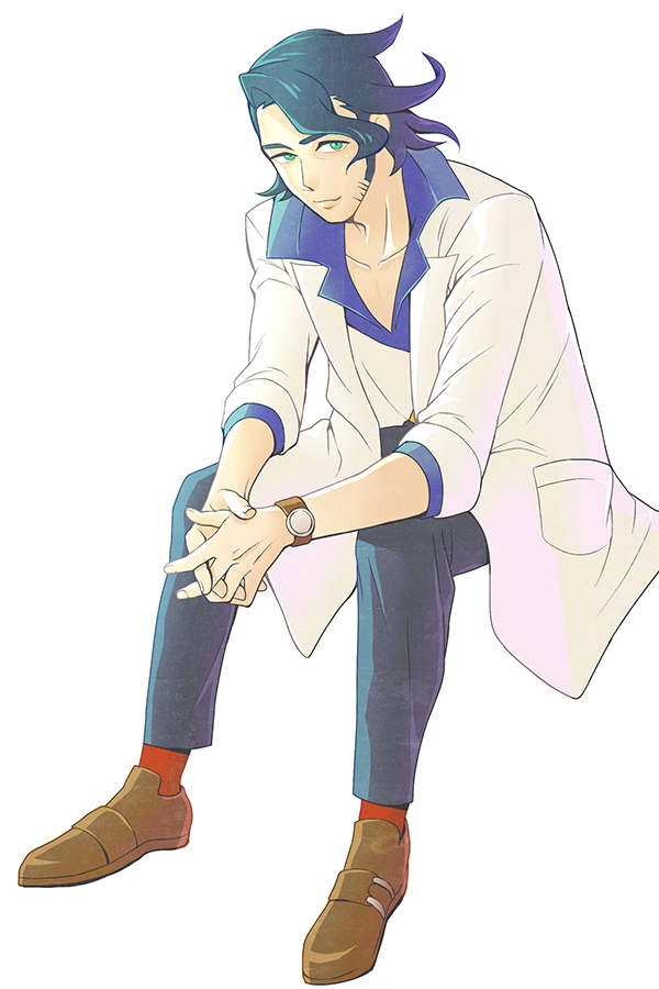 1boy professor_sycamore blue_hair blue_pants blue_shirt brown_footwear coat dolustoy full_body green_eyes lab_coat looking_at_viewer male_focus nintendo pants pokemon pokemon_xy red_socks shirt simple_background sitting socks solo watch white_background white_coat wristwatch
