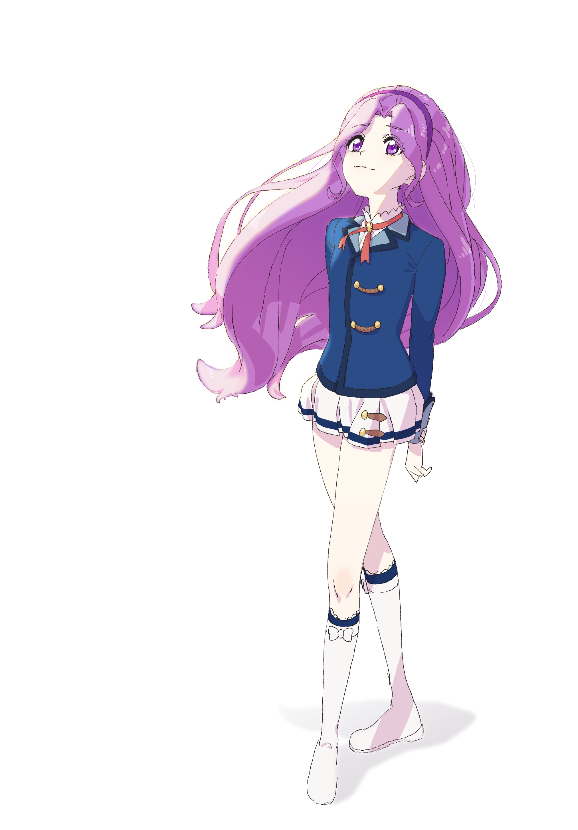 1girl absurdres aikatsu! aikatsu!_(series) arms_behind_back blue_shirt boots floating_hair full_body hairband highres kanzaki_mizuki long_hair long_sleeves looking_up miniskirt parted_bangs purple_eyes purple_hair purple_hairband saitou_atsushi_(kamatamanankotu) school_uniform shirt skirt smile solo standing star_harmony_academy_school_uniform straight_hair white_boots white_skirt
