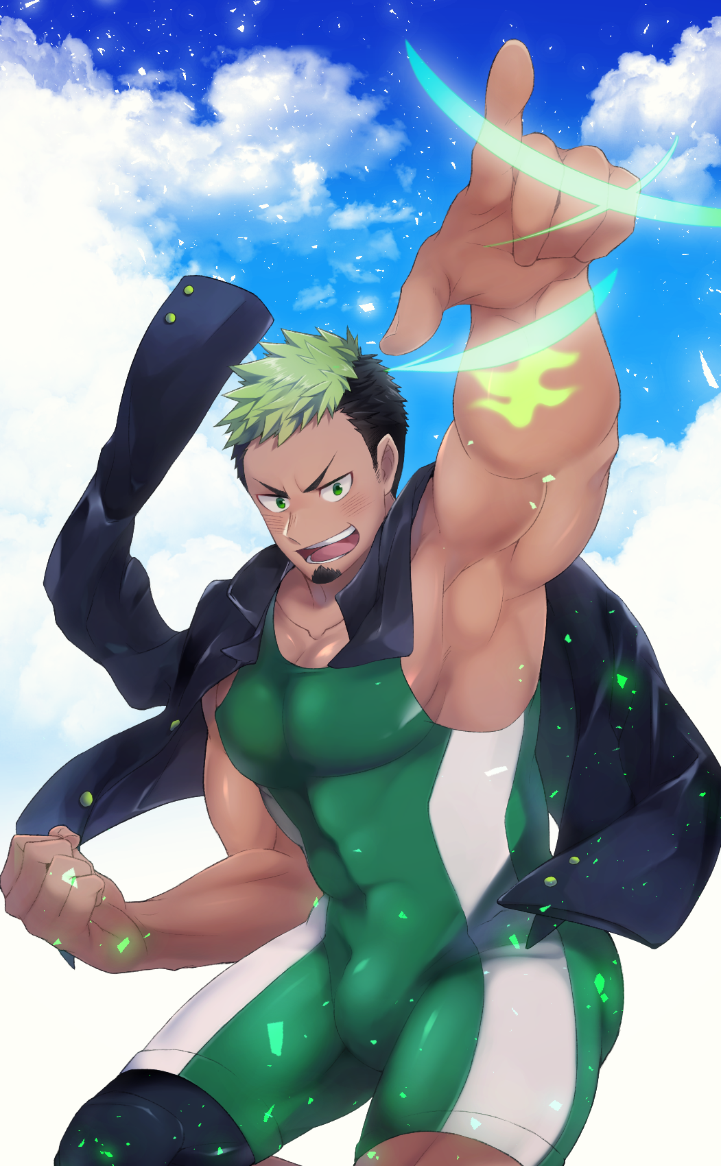 1boy :d armpits bad_id bad_pixiv_id bara black_hair blush bulge clenched_hand covered_abs dark-skinned_male dark_skin facial_hair feet_out_of_frame goatee green_hair highres ikusaba_daisuke jacket jacket_on_shoulders kurazon_(climb_zombie) looking_at_viewer male_focus multicolored_hair muscular muscular_male open_mouth pectorals pointing pointing_up short_hair sideburns sidepec smile solo taurus_mask tokyo_houkago_summoners two-tone_hair wrestling_outfit