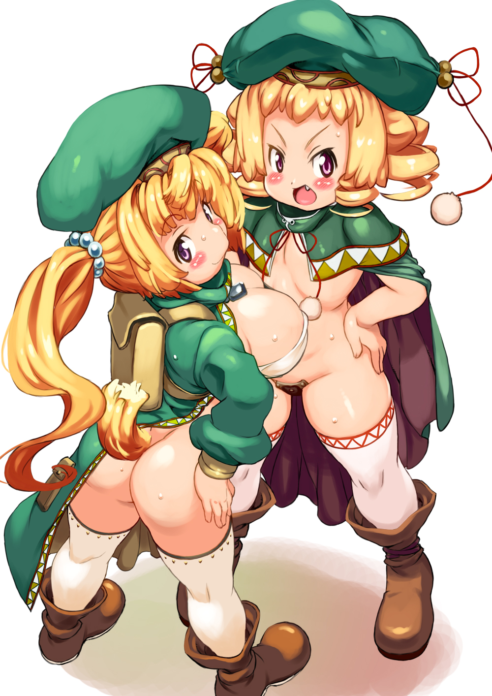 2girls ass blonde_hair breasts cape dog_tail drill_hair flat_chest hands_on_own_hips highres kuroinu_~kedakaki_seijo_wa_hakudaku_ni_somaru~ large_breasts legs looking_at_viewer looking_back maebari multiple_girls naked_cape open_mouth purple_eyes short_hair sweat tail thick_thighs thighs twintails