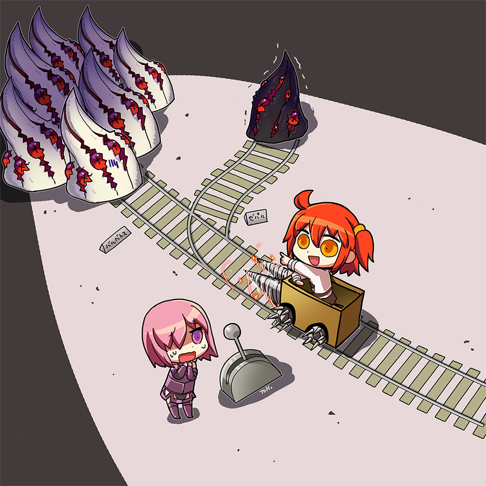 2girls armor armored_dress barbatos_(fate) cart chaldea_uniform chibi demon_pillar_(fate) dress drill_hair drill_sidelocks extra_eyes fate/grand_order fate_(series) fou_(fate) fujimaru_ritsuka_(female) hair_ornament hair_over_one_eye hair_scrunchie king_hassan_(fate) mash_kyrielight meme multiple_girls one_side_up orange_hair orange_scrunchie parody purple_eyes purple_hair purple_tail railroad_tracks riyo_(lyomsnpmp)_(style) scrunchie short_hair side_ponytail sidelocks style_parody toh. trolley_problem_(meme)