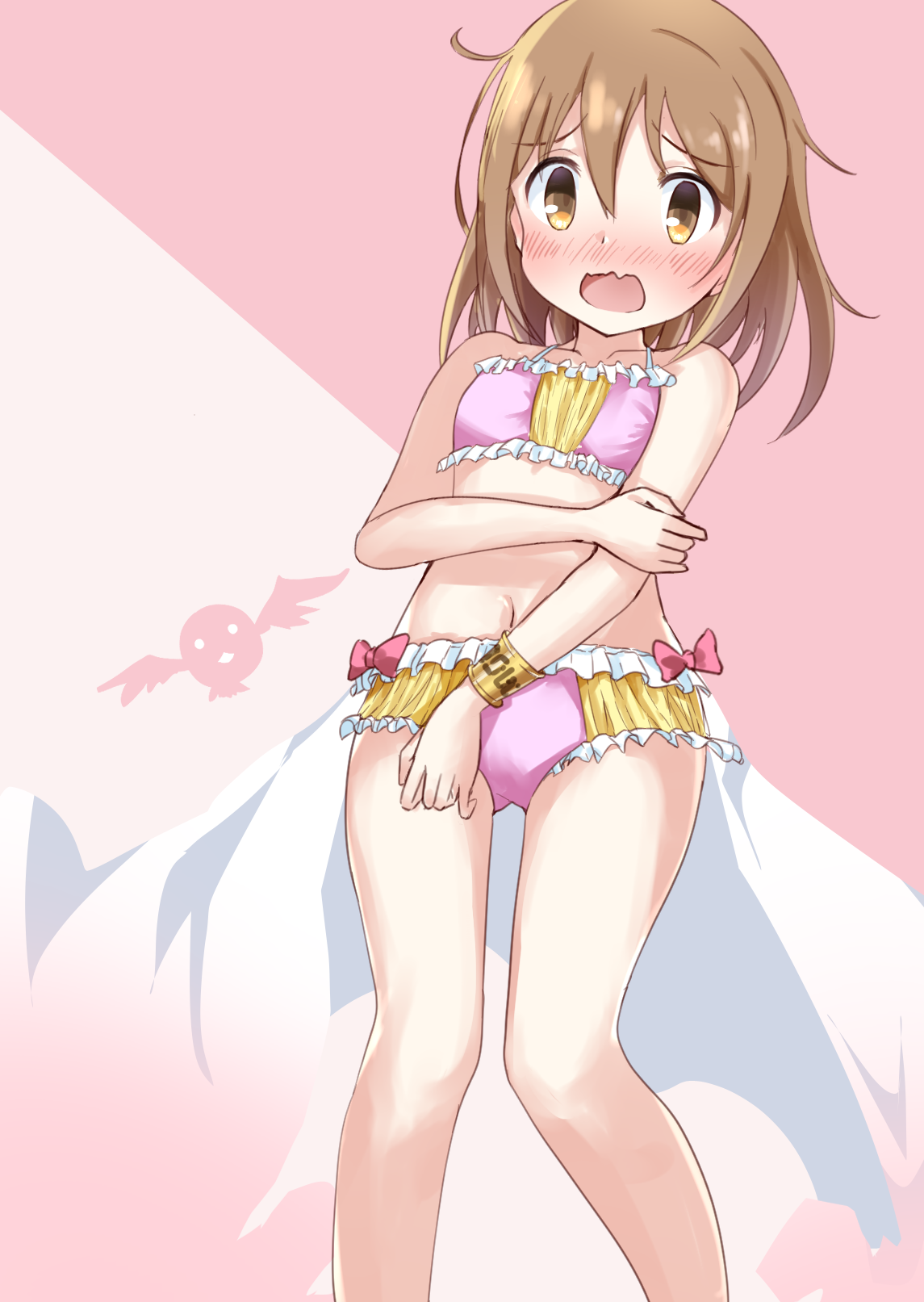 1girl 1other bikini blush bracelet breasts brown_eyes brown_hair commentary_request embarrassed hanami_yuzuka highres jewelry mahou_shoujo_nante_mou_ii_desukara. miton navel open_mouth p-hone pink_background pink_bikini short_hair showgirl_skirt simple_background skirt small_breasts swimsuit thighs white_skirt wings