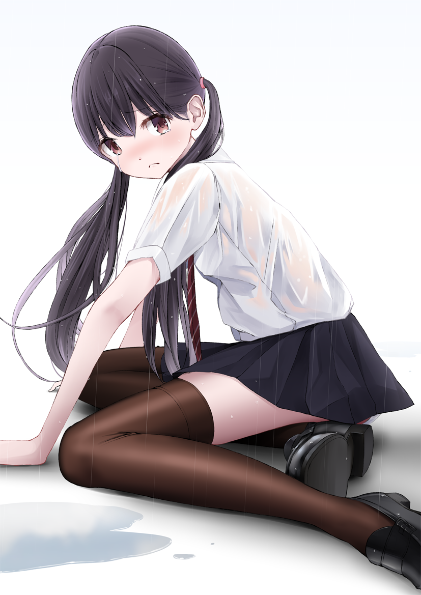 1girl bad_id bad_pixiv_id black_hair black_thighhighs blush brown_eyes chikuwa_(glossymmmk) chikuwa_(odennabe) commentary_request dress_shirt female_focus from_side loafers long_hair looking_at_viewer necktie original rain school_uniform see-through_clothes shiny_clothes shirt shoes sitting skirt solo striped_necktie striped_neckwear tears thighhighs twintails wet wet_clothes wet_shirt white_shirt yokozuwari