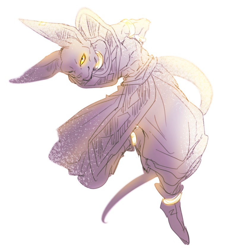 1boy ;) abs ancient_egyptian_clothes armlet arms_behind_back backlighting baggy_pants beerus black_eyes boots bracelet choker closed_mouth colored_sclera dragon_ball dragon_ball_super dragon_ball_z dragon_ball_z_kami_to_kami floating full_body jewelry leaning leaning_forward leg_up light_particles looking_at_viewer male_focus monochrome muscular one_eye_closed pants piercing purple_theme simple_background smile tail tokina_(okawari_gohan) white_background yellow_sclera yellow_theme