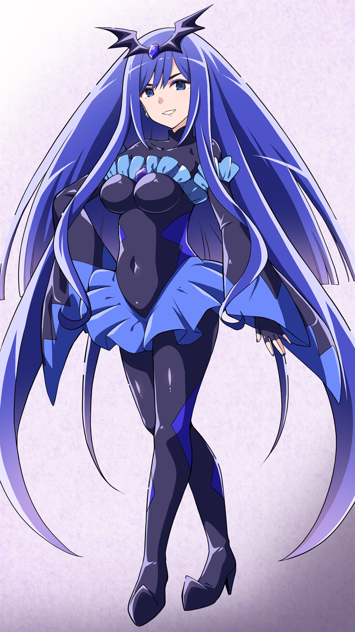 1girl alternate_universe aoki_shizuko bad_end_beauty bad_end_beauty_(cosplay) bad_end_precure blue_eyes blue_hair bodysuit commentary_request commission corruption cosplay dark_persona earrings happy highres jewelry long_hair looking_at_viewer mature_female pixiv_commission precure smile smile_precure! solo standing very_long_hair yuuma_(skirthike)
