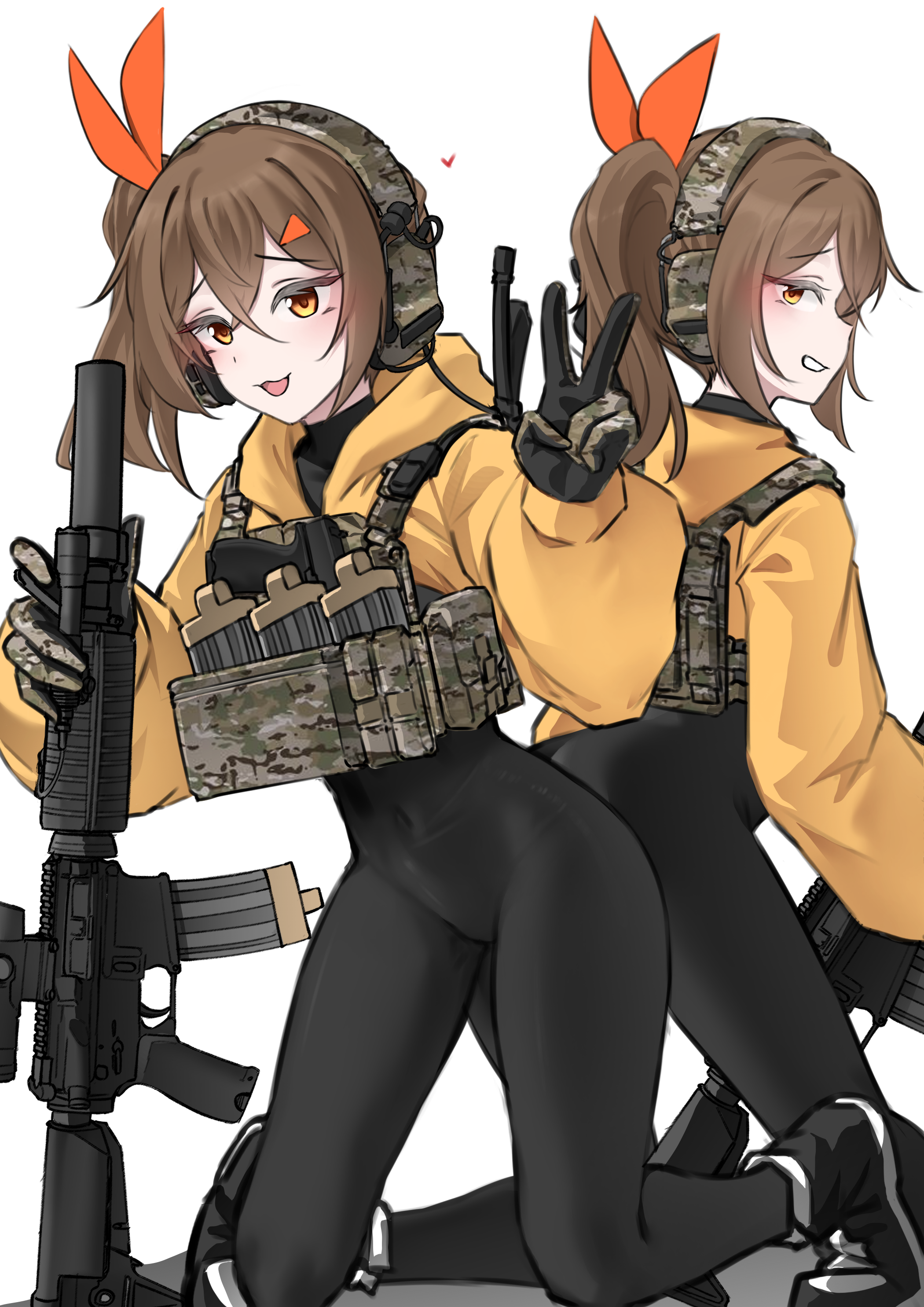2girls absurdres ammunition_pouch assault_rifle black_bodysuit black_footwear black_gloves bodysuit bow brown_hair bulletproof_vest camouflage_gloves camouflage_vest covered_navel crossed_bangs gloves gun hair_between_eyes hair_bow highres hood hooded_jacket jacket k0ng kneeling long_sleeves looking_at_viewer m4_carbine magazine_(weapon) multiple_girls orange_bow original parted_lips pouch rifle scope shirt shoes siblings side_ponytail simple_background smile sneakers suppressor turtleneck turtleneck_shirt twins two-tone_gloves weapon white_background yellow_eyes yellow_jacket