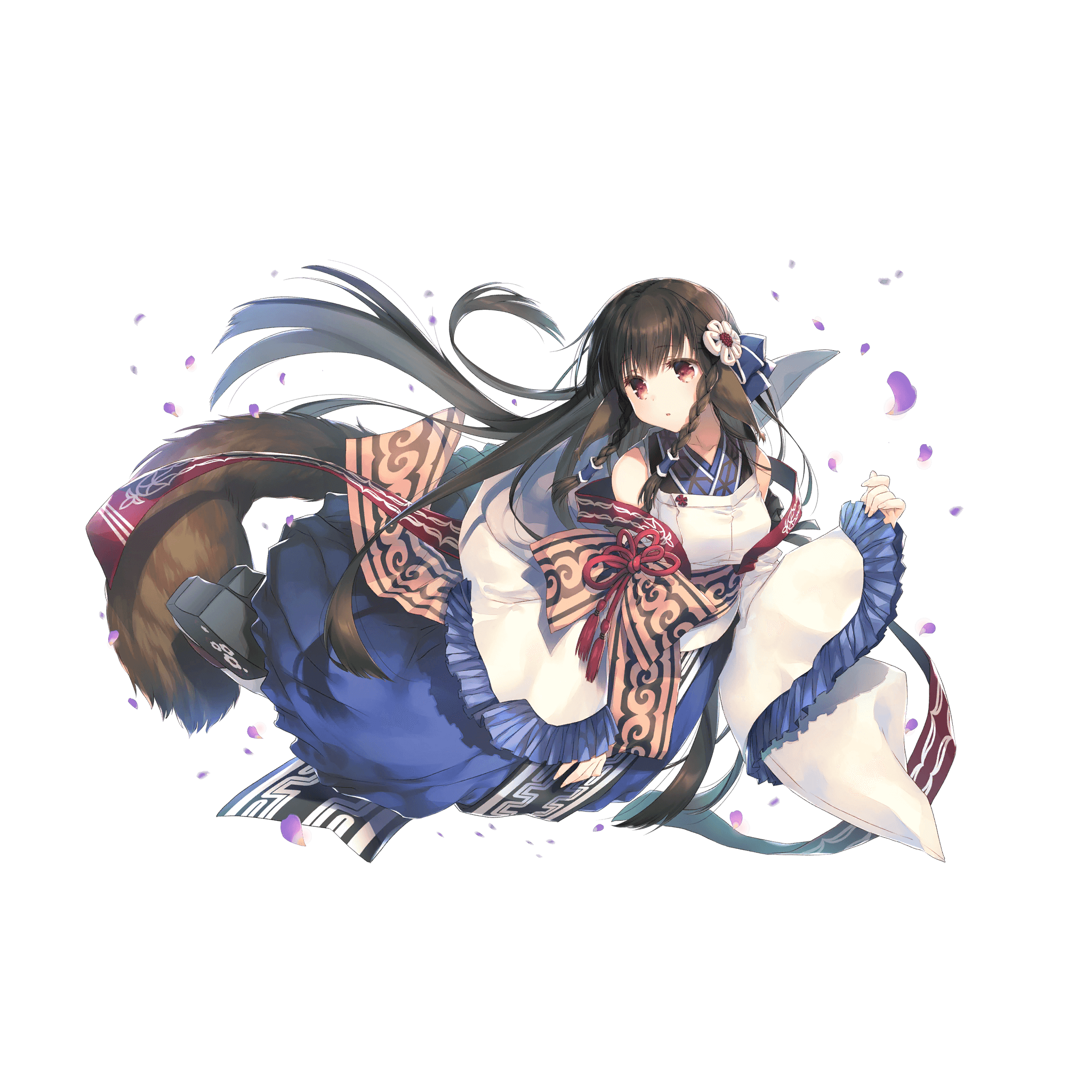 1girl ainu_clothes animal_ears black_hair bow braid full_body hair_between_eyes highres long_hair mitsumi_misato official_art red_eyes rulutieh solo twin_braids utawarerumono utawarerumono:_itsuwari_no_kamen