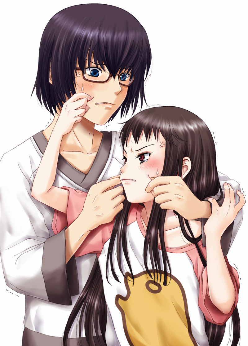 1boy 1girl anger_vein angry ar_tonelico ar_tonelico_ii black_hair cheek_pinching chroah_vatel funbuns glasses inumori_sayaka jakuri_(ar_tonelico) long_hair mutual_cheek_pinching pinching red_eyes short_hair white_background