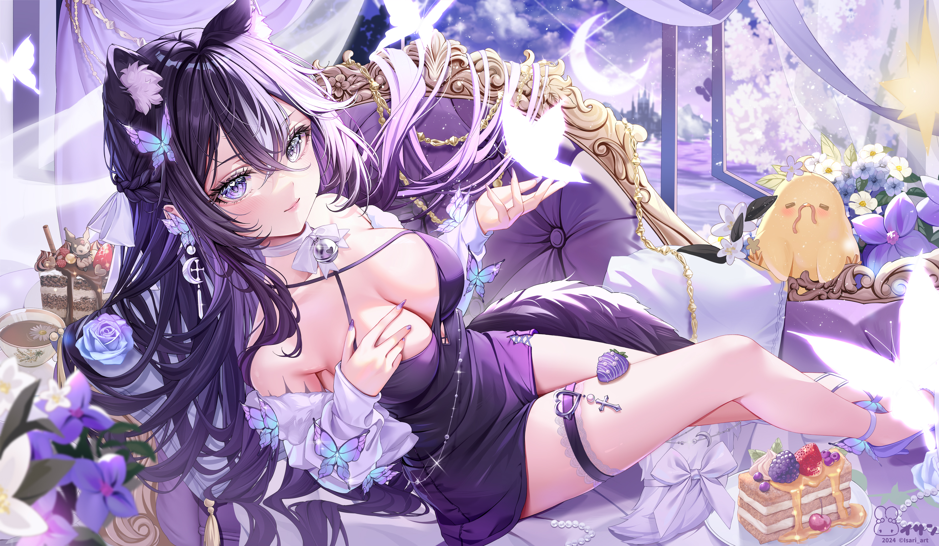 1girl animal_ear_fluff artist_logo bell bird black_dress black_hair braid breasts bug butterfly cake chicken closed_mouth collarbone commission couch crescent crescent_earrings crescent_moon cup curtains dress earrings eyelashes flower flower_on_liquid food fruit hair_between_eyes hair_ribbon highres indie_virtual_youtuber insect isari_sensei jewelry kwuina_(vtuber) logo long_hair moon neck_bell on_couch purple_butterfly purple_eyes purple_flower purple_rose ribbon rose solo strawberry teacup thigh_strap twitter_username virtual_youtuber white_flower white_ribbon