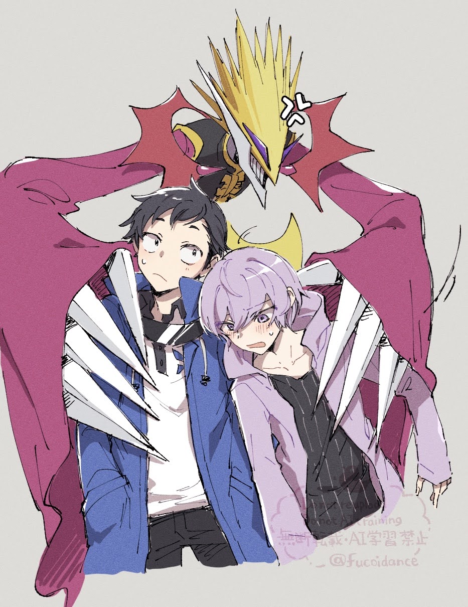 2boys amasawa_keisuke black_hair black_shirt blue_jacket cowboy_shot digimon_(creature) digimon_story:_cyber_sleuth_-_hacker&#039;s_memory grey_background highres hinahinairuka hood hood_down jacket matadrmon multiple_boys nogi_yuu purple_eyes purple_hair purple_jacket shirt simple_background white_shirt