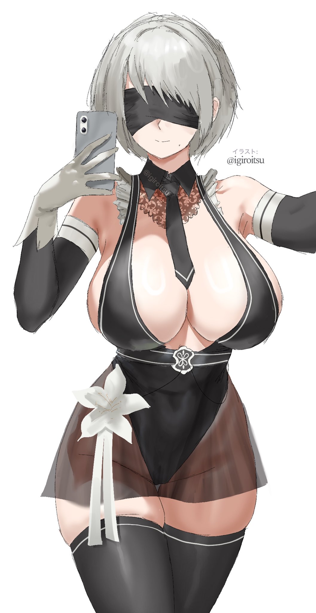 1girl 2b_(nier:automata) black_necktie blindfold breasts covered_eyes highres igiroitsu large_breasts made_in_2024 mirror_selfie mole mole_under_mouth necktie nier:automata nier_(series) phone selfie simple_background solo stellar_blade white_background