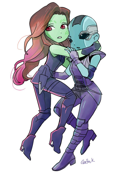 2girls animification bald blue_skin brown_hair chibi colored_skin gamora green_skin guardians_of_the_galaxy kandagawa_gufu marvel marvel_cinematic_universe multiple_girls nebula_(gotg) spacesuit
